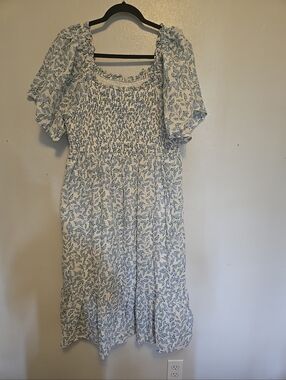 ROOLEE Midi Dress Floral White Blue Green Smocking Lined Cotton L
